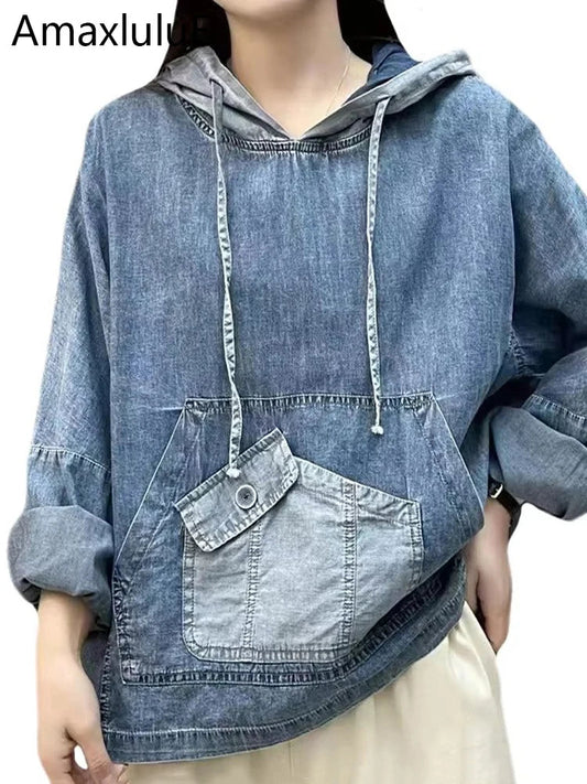 Amax luluE Spring Fashion Denim Hoodies Womens Vintage Hooded Classic Loose Sweatshirts Ladies Harajuku Leisure Korean Clothes