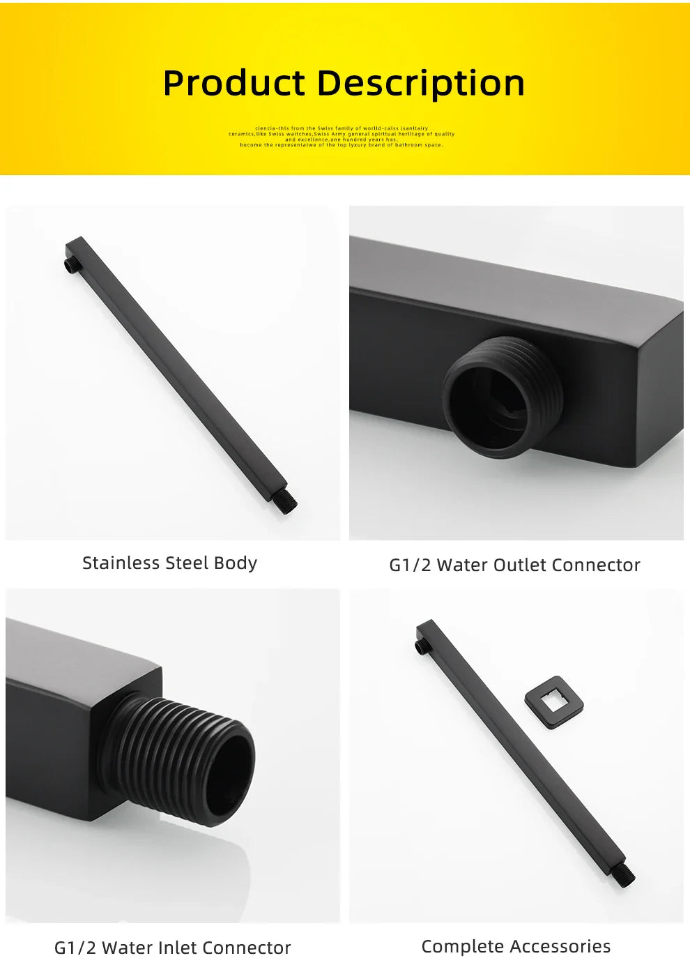 Ciencia 304 Stainless Steel Square Shower Arm G1/2 Bathroom Shower Arm Wall Mounted for Fixed Rain Shower Head