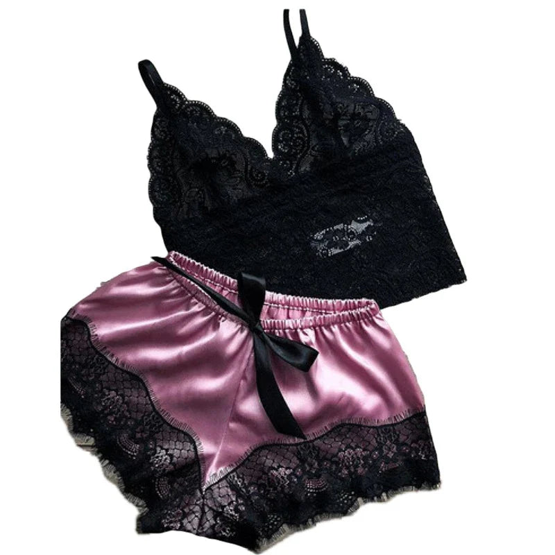 1 Pajamas Set Womens Lace Sleepwear Lingerie Crop Tops And Shorts Babydoll Pajamas Underwear Nightwear