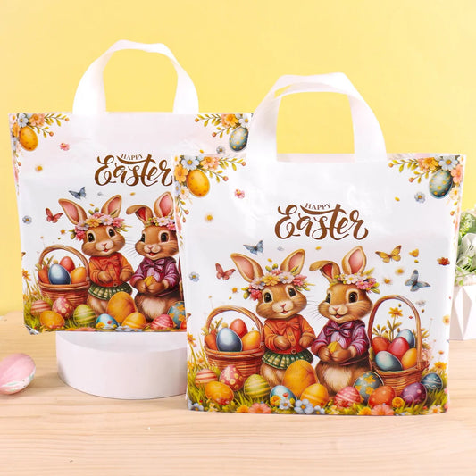 6pcs Happy Easter Large Gift Bags with Handles 25*30cm Plastic Tote Bags Cute Bunny Eggs Printed Treat Bags Easter Party Needs