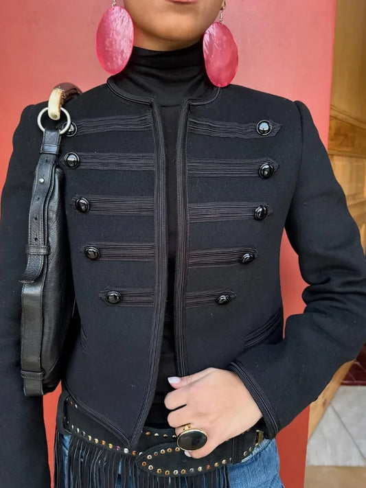 Black Round Neck Military Jacket Women Casual Full Sleeve Buttons Cropped Slim Coat 2026 Lady Daily Street Napoleon New Jackets