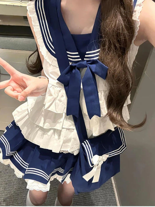 2025 Spring Preppy Style Sweet Elegant 2 Piece Sets Women Sailor Collar Y2k Design Mini Skirt Suits Female Bow Lace Chic Outfits
