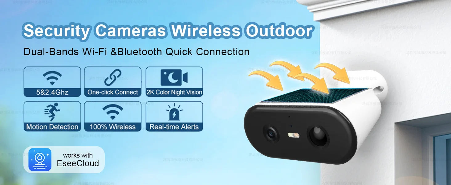 2K Solar Security Camera WIFI Wireless 2.4/5GHz DualBand Outdoor Camera IP65 Waterproof  AI PIR Motion Surveillance Battery Cam