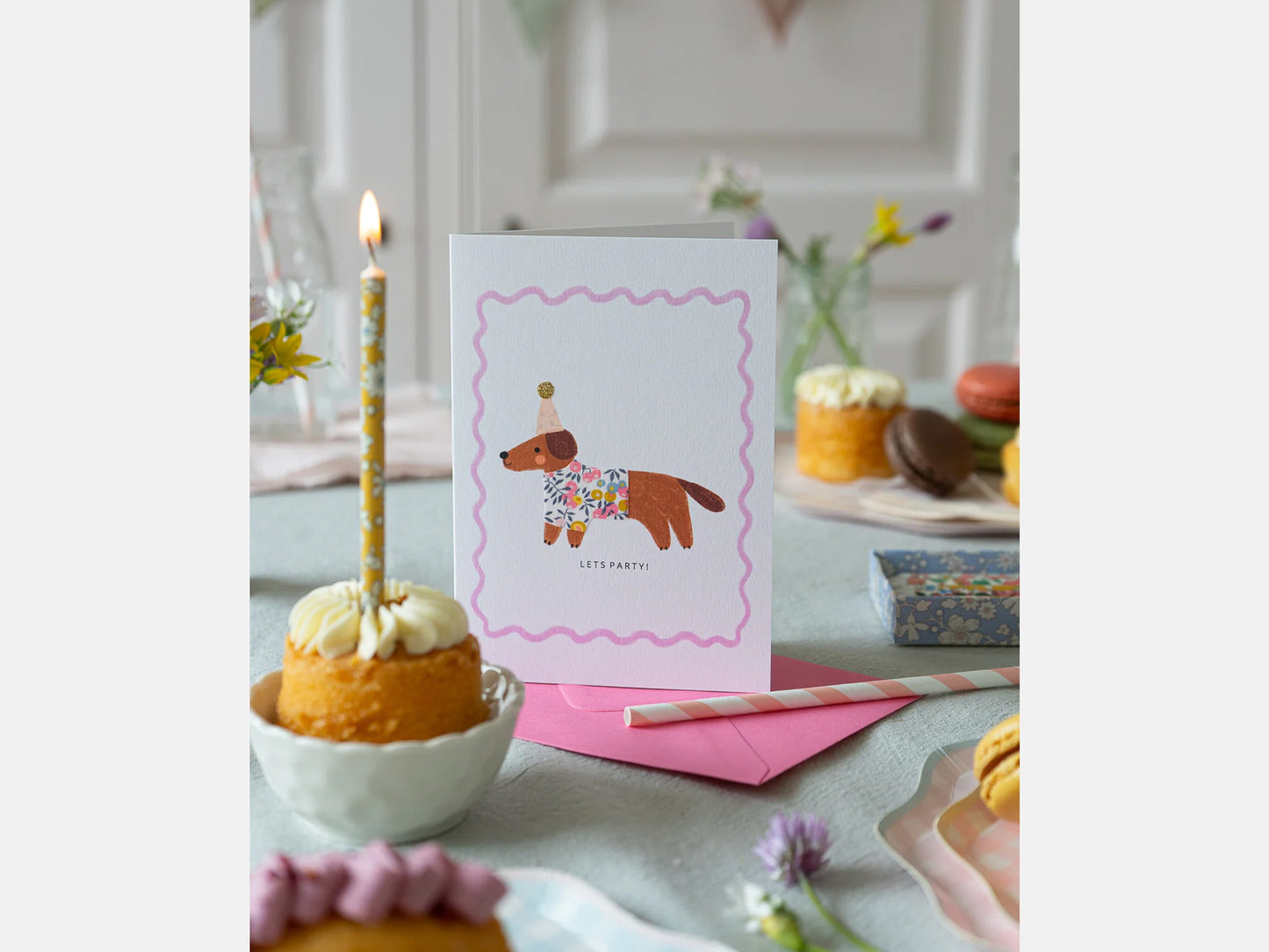 Sausage Dog Birthday Card - Liberty Wiltshire Bud Print