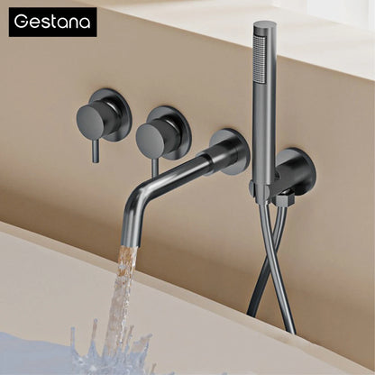 Bathroom Minimalist Gun Gray Brass Wall Mounted Bathtub Faucet with Dual Handles for Hot & Cold Water Dual Function Shower Mixer