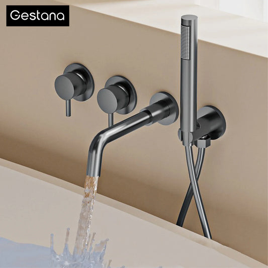 Bathroom Minimalist Gun Gray Brass Wall Mounted Bathtub Faucet with Dual Handles for Hot & Cold Water Dual Function Shower Mixer