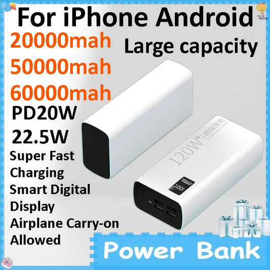20000/50000/60000mAh PD Super Fast Charging Power Bank Ultra Slim Portable External Battery for IPhone Android