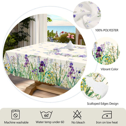 1 Piece of Fresh Spring-Themed Round and Rectangular Tablecloth, Available in Various Sizes, with a Print Featuring Delicate Purple Iris and Vibrant Green Grass, Fine Blue Floral Clusters, and Faintly Patterned Branches and L