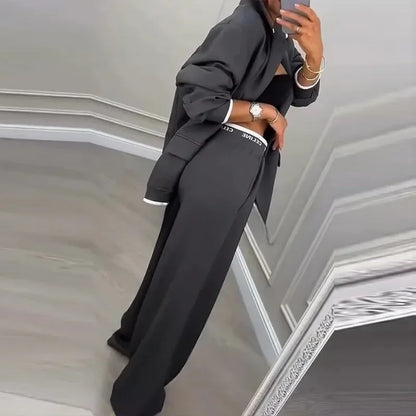 Casual Women's Suit Set Autumn Sexy Turn down Collar Button Blazer & Straight-leg Pants Set Winter Solid Long Sleeve Chic Outfit