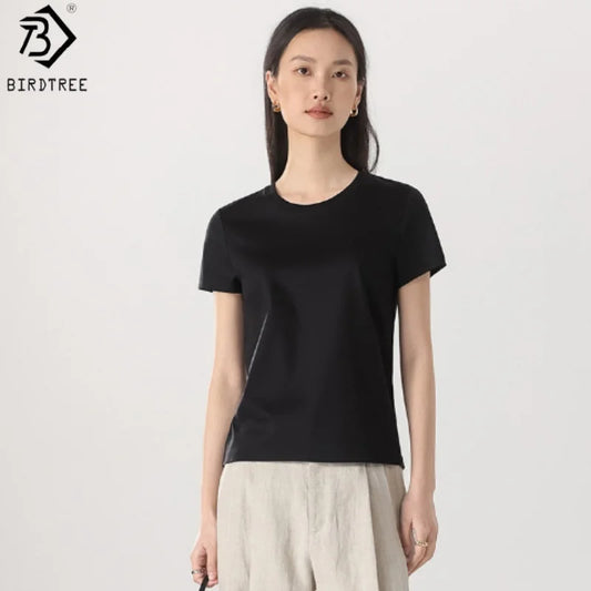 Birdtree 7%  Silk 62% Cotton Solid Female Tshirt,Woman O-neck Short Sleeve Fit Shirt,2025 Spring Summer New T57615JF