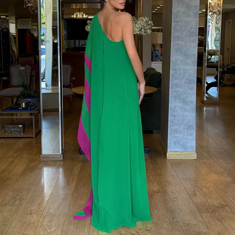 Boho Sexy One Shoulder Loose Maxi Dress Womens Spring Elegant Color Block Long Party Dress Summer Backless Hollow Vacation Dress