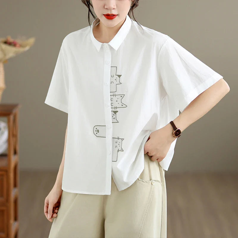Casual Style Embroidered Pure Cotton Loose Fit Short Sleeve Shirt Women's plus Size Slimming Versatile White Summer Shirt