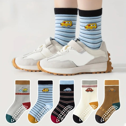 5 Pairs of Children's Floor Socks with Cartoon Stripes and Car Patterns, Adhesive Dots, for Boys and Girls, Baby Toddler Soft-Soled Indoor Non-Slip Japanese-Style Versatile Mid-Calf Socks, Suitable for Casual Daily Life