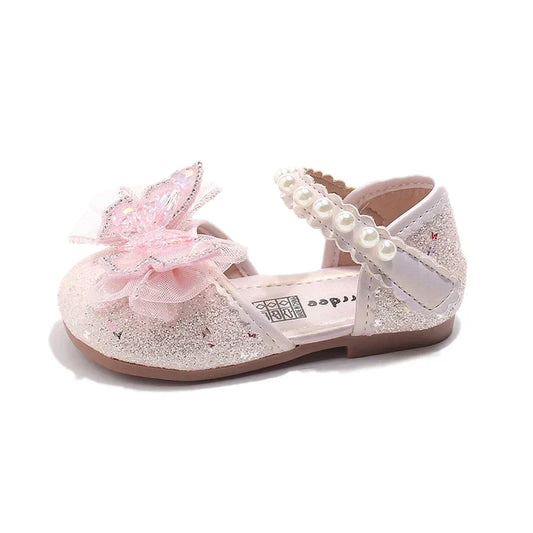 Chic Girls Dress Shoes for Wedding Party Bling Sequins with Rhinestone Butterfly Sweet Princess Chic Kids Flat Shoes Lace Beaded