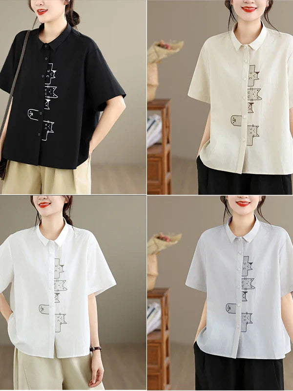 Casual Style Embroidered Pure Cotton Loose Fit Short Sleeve Shirt Women's plus Size Slimming Versatile White Summer Shirt