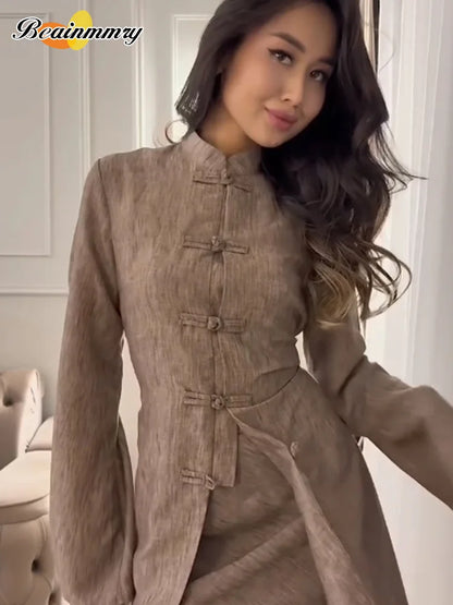 Chinese Style Frog Button Two Piece Set Long Flared Sleeve Ruched Waist Traditional Oriental Outline Sets Spring Picnic Outfit