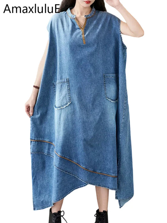 Amax LuluE Korean Summer Long Clothes Womens Fashion Loose Denim Dresses Ladies Classic Casual Big Size Elegant V Neck Vestidos