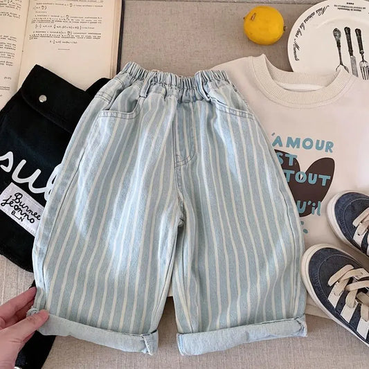 Children's Cotton Soft Retro Stripe Jeans Spring and Autumn Boys and Girls' Casual Loose Straight Pants 80-130cm
