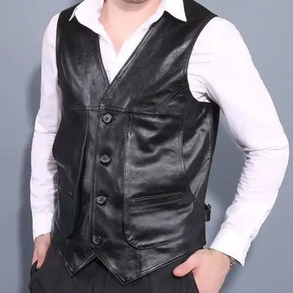2024 Men Spring Autumn New Genuine Leather Motorcycle Vest Mens Real Cowhide Leather Waistcoat Male V-neck Sleeveless Coat D412