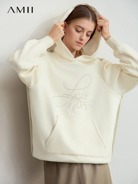 Amii 2024 Winter Clothes Women Long-sleeved Color Matching Embroidery Pocket Fleece Hooded Sweater Loose Casual Tops 12444202