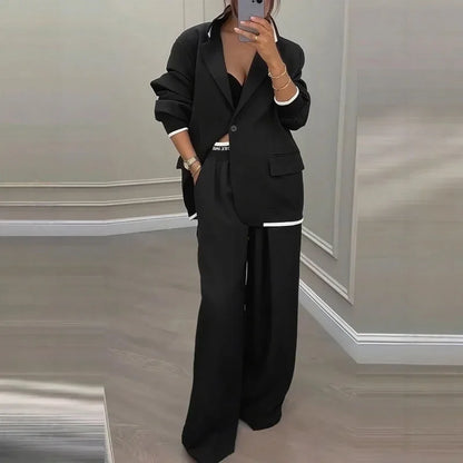 Casual Women's Suit Set Autumn Sexy Turn down Collar Button Blazer & Straight-leg Pants Set Winter Solid Long Sleeve Chic Outfit