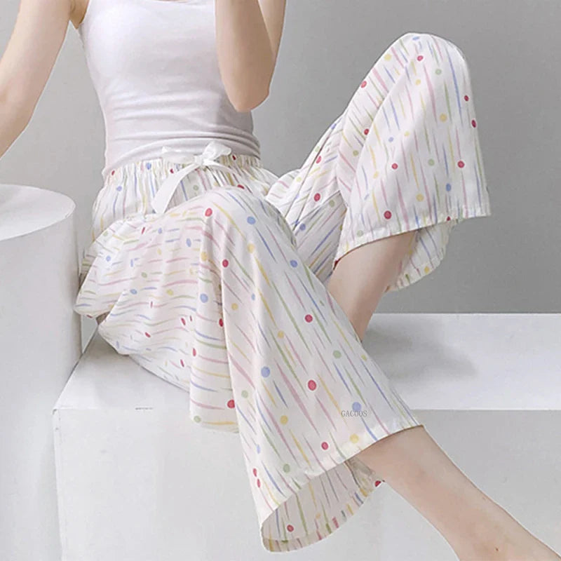 2025 Summer Sleeping Pants Women Thin Bottoms Spring Large Size Home Wear Pants Pajamas Flower Print Loose Cute Beach Trousers