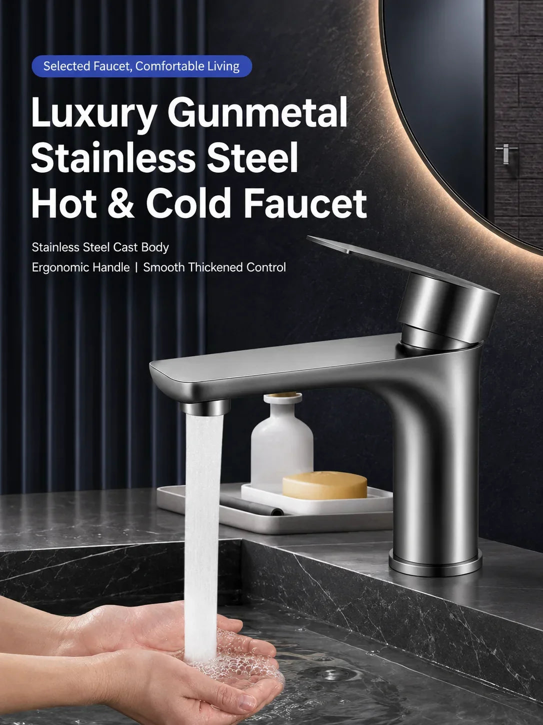 304 Stainless Steel Bathroom Sink Faucet Hot Cold Mixer Tap Single Handle Washbasin Faucet for Vanity