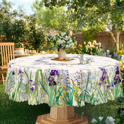 1 Piece of Fresh Spring-Themed Round and Rectangular Tablecloth, Available in Various Sizes, with a Print Featuring Delicate Purple Iris and Vibrant Green Grass, Fine Blue Floral Clusters, and Faintly Patterned Branches and L