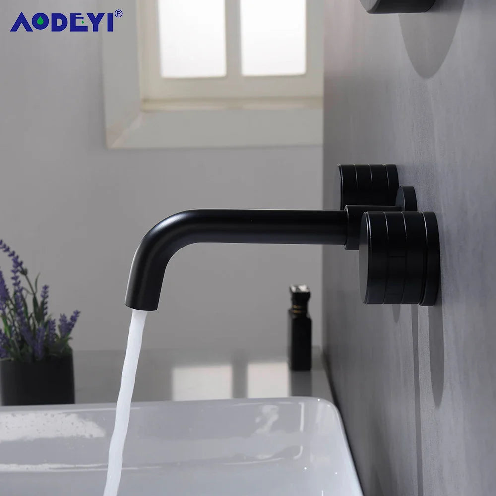 Black Bathroom Faucet Brass Double Lever Wall Mounted Sink Faucets Hot Cold Water Polished Taps Basin Mixer Brushed Gold Tap Set