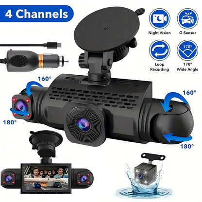 Car Dash Cam 4 Channel Black Box Driving Camera FHD 1080P Front Left Right Rear Night Vision Loop Recording add Hardwire kit