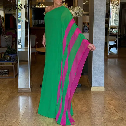 Boho Sexy One Shoulder Loose Maxi Dress Womens Spring Elegant Color Block Long Party Dress Summer Backless Hollow Vacation Dress