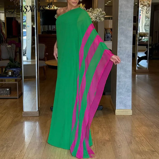 Boho Sexy One Shoulder Loose Maxi Dress Womens Spring Elegant Color Block Long Party Dress Summer Backless Hollow Vacation Dress