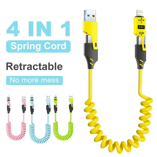 1/2PCS 4-in-1 Spring Data Cable & 65W Quick Charger: 6A USB Type-C Telescopic Wire Compatible with iPhone/iPad/MacBook/Huawei