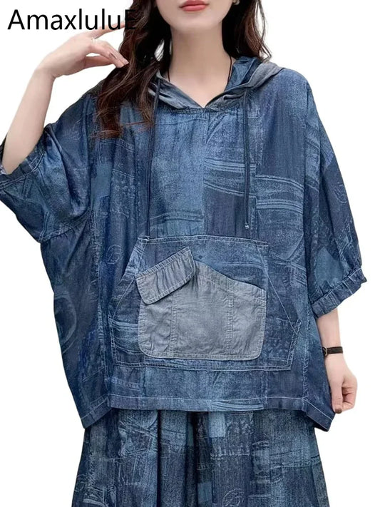 AmaxluluE Summer Fashion Clothes 2025 Women Denim Hooded Blouses Casual Big Size Printed Shirts Ladies Loose Vintage O Neck Tops