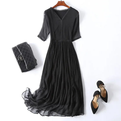100% Real Silk Summer Dress Women Elegant Red Dresses For Women Clothing Office Lady Holiday Beach Dress Vestido De Mujer Zm274