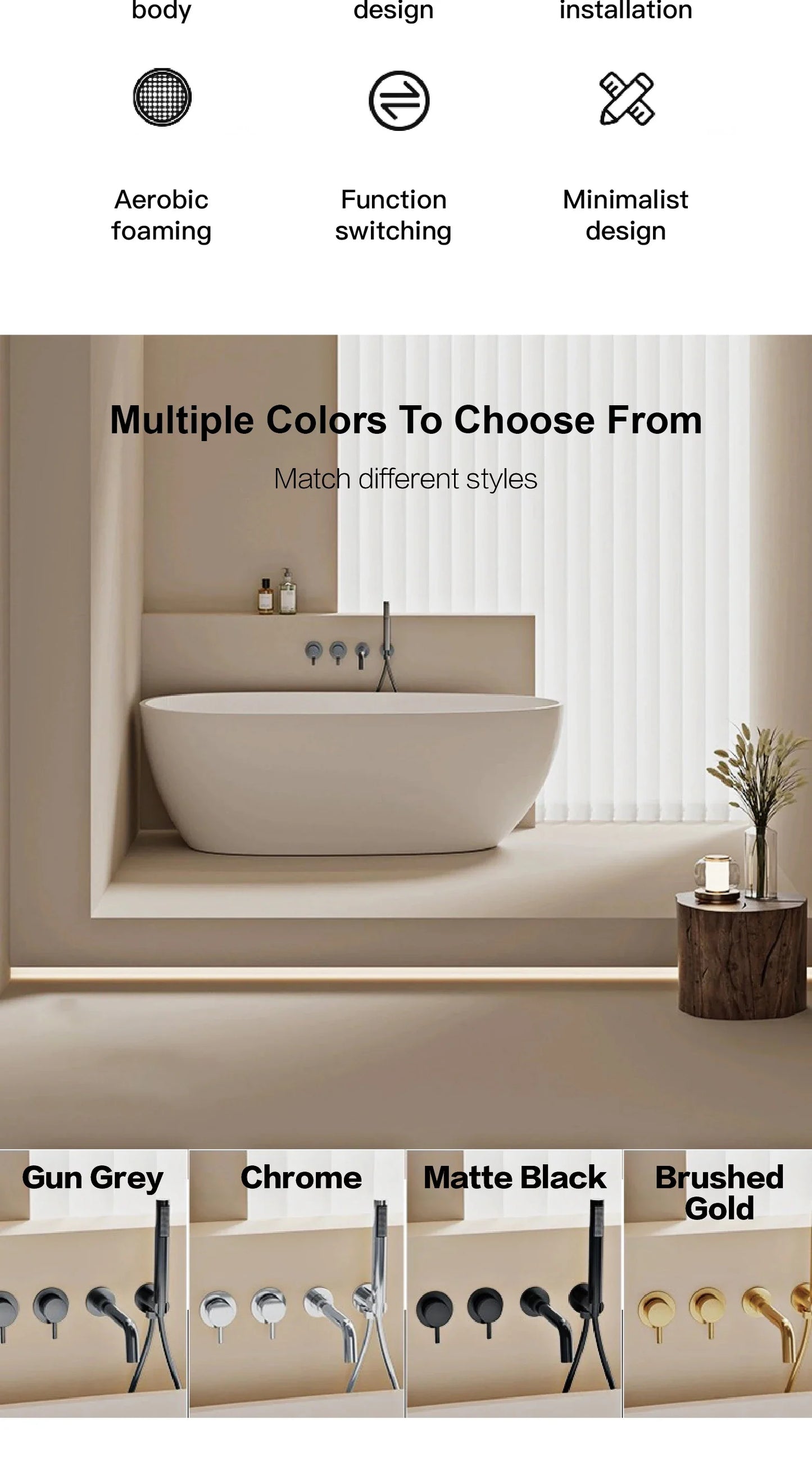 Bathroom Minimalist Gun Gray Brass Wall Mounted Bathtub Faucet with Dual Handles for Hot & Cold Water Dual Function Shower Mixer