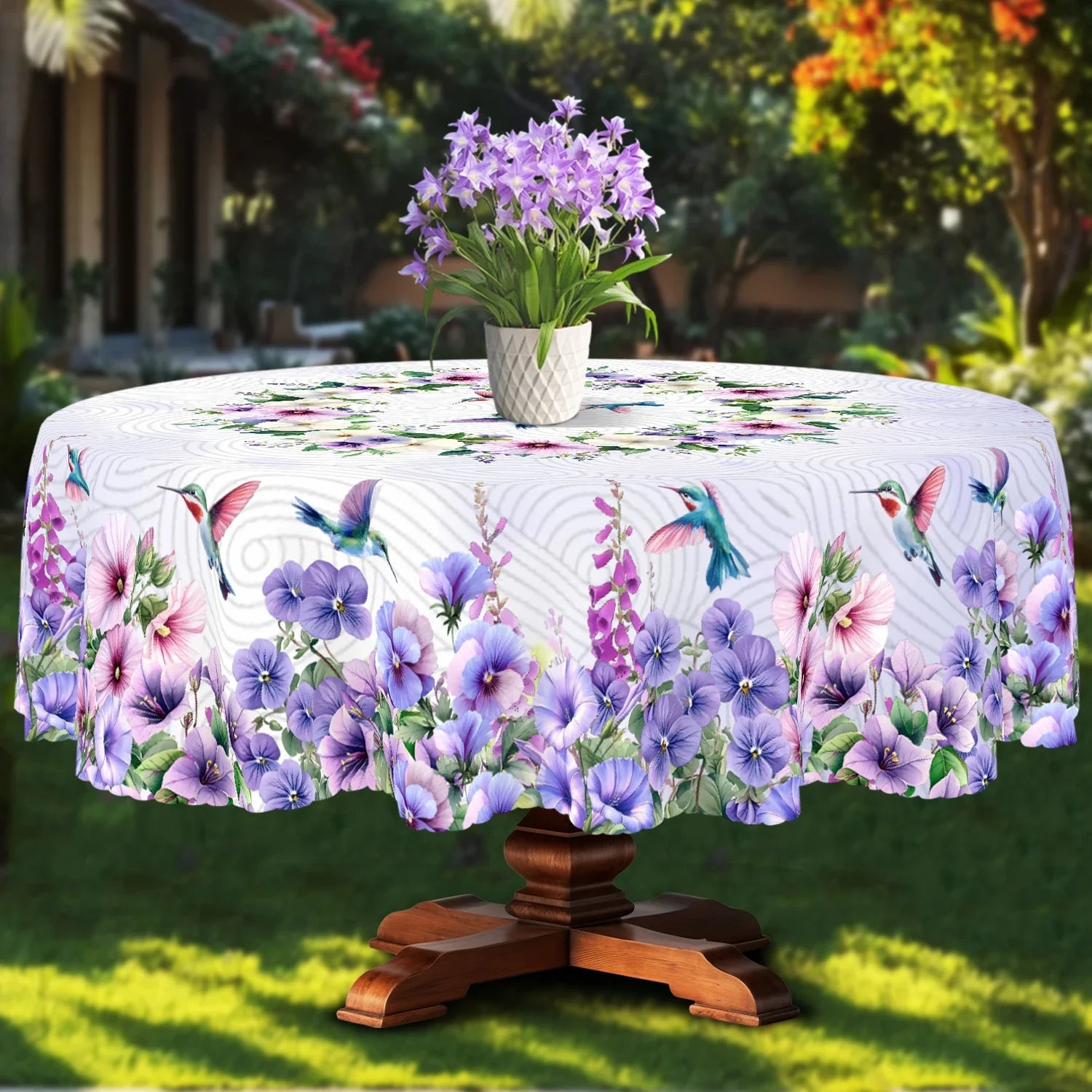 1 Piece, Purple Polyester Tablecloth with Hummingbird and Morning Glory Print + 4 Self-Adhesive Stickers, Pastoral Garden Atmosphere, Embossed Edges, Suitable for Home Kitchen, Living Room Dining Table, Balcony Coffee Table,