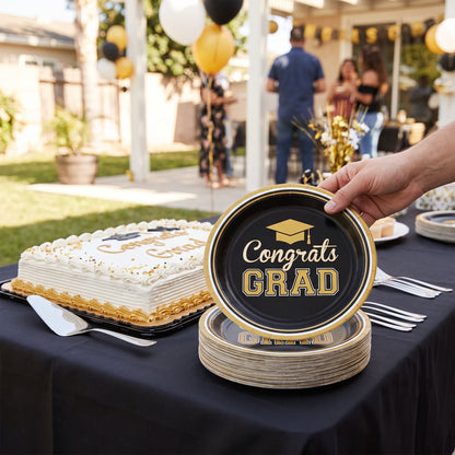 "Congrats Grad" 7-Inch Round Metallic Paper Plates - Black/Gold, 8-Pack