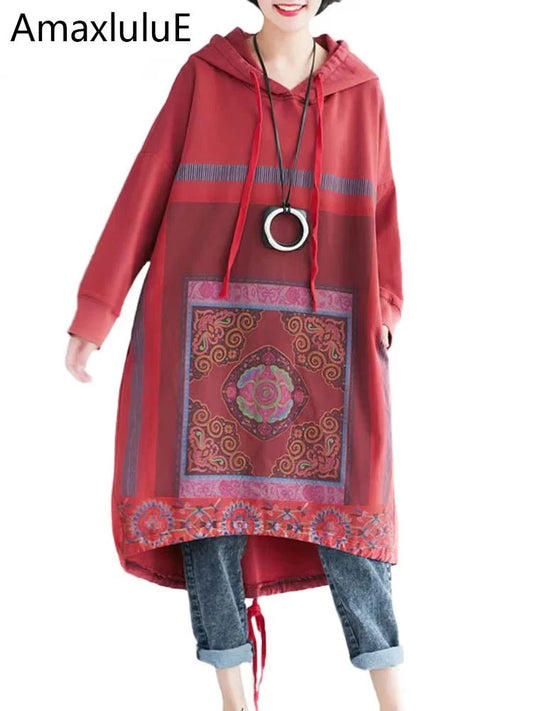Amax luluE 2024 Autumn Womens Printed Loose Hooded Long Hoodies Fashion Clothes Ladies Luxury Classic Vintage Casual Sweatshirts