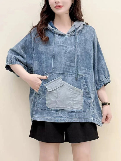 AmaxluluE Summer Fashion Clothes 2025 Women Denim Hooded Blouses Casual Big Size Printed Shirts Ladies Loose Vintage O Neck Tops