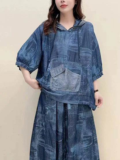 AmaxluluE Summer Fashion Clothes 2025 Women Denim Hooded Blouses Casual Big Size Printed Shirts Ladies Loose Vintage O Neck Tops