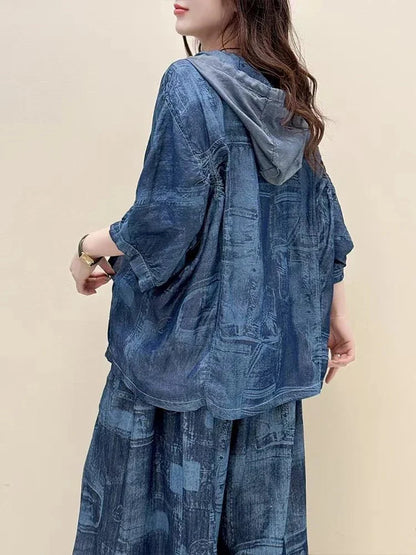 AmaxluluE Summer Fashion Clothes 2025 Women Denim Hooded Blouses Casual Big Size Printed Shirts Ladies Loose Vintage O Neck Tops