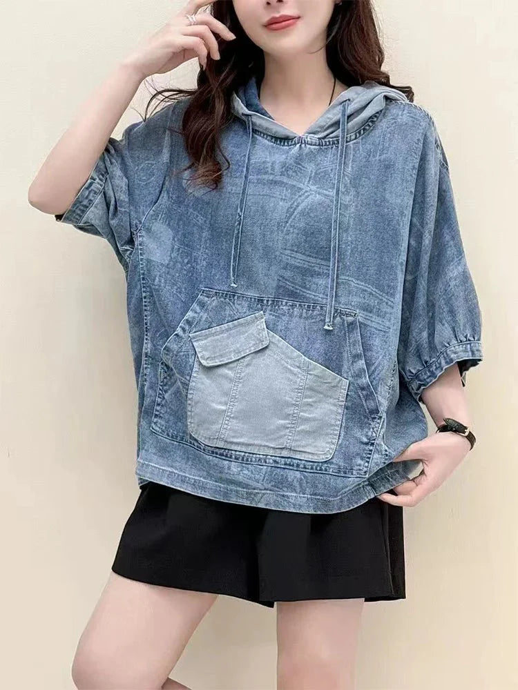 AmaxluluE Summer Fashion Clothes 2025 Women Denim Hooded Blouses Casual Big Size Printed Shirts Ladies Loose Vintage O Neck Tops