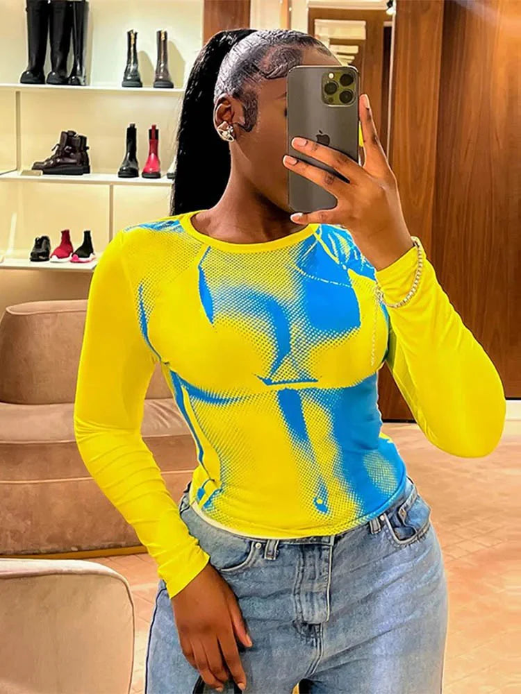 Body Print Crop Tee Shirts Women Fall Spring Y2K Korean Fashion Long Sleeve O-neck Skinny Top Tshirt Streetwear