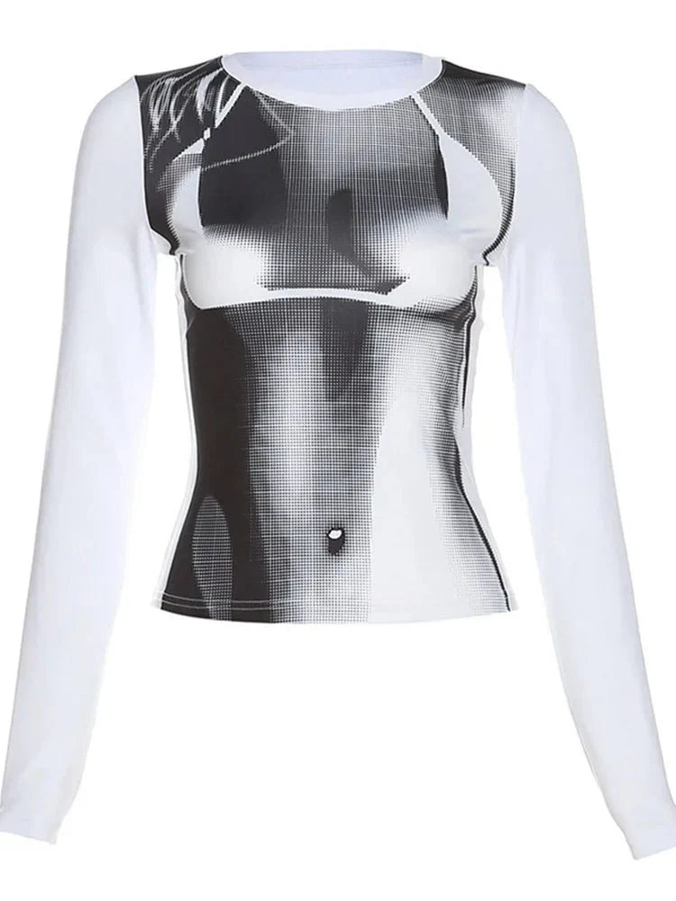 Body Print Crop Tee Shirts Women Fall Spring Y2K Korean Fashion Long Sleeve O-neck Skinny Top Tshirt Streetwear