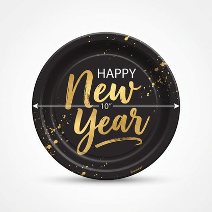 "Cheers For The New Year" 10-Inch Round Paper Plates - Black/Gold, 20-Pack