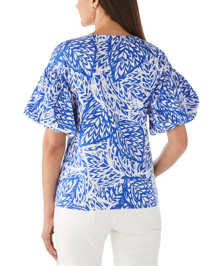 Floral Print Knit Bubble Sleeve Top (Amparo Blue)