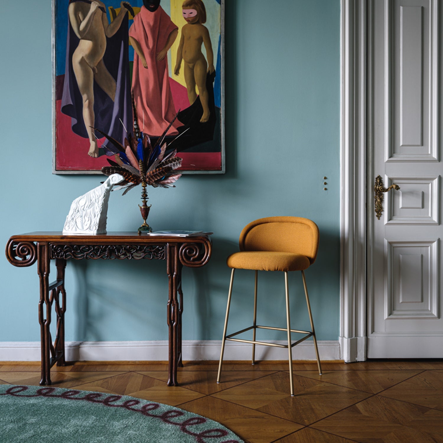 freifrau | ona barstool 82cm | wooden frame oak black | front - riga m1 noir 18 | back - gobelin eden