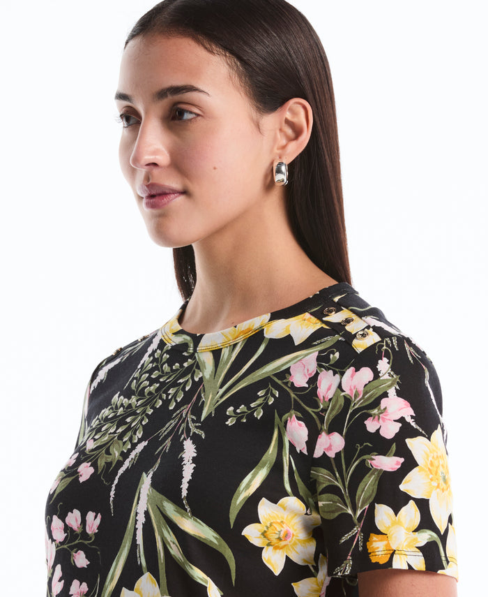 Garden Print Button Detail Top (Black)