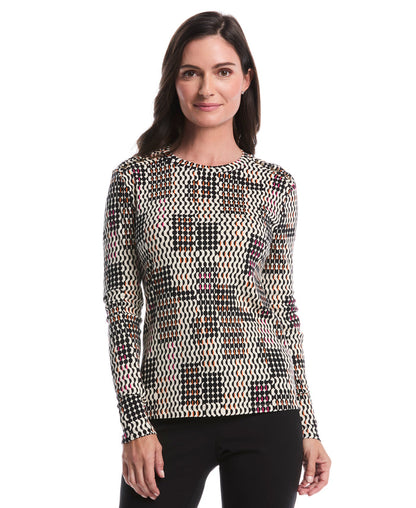 Geo Print Laced Crew Neck Top (Ecru)